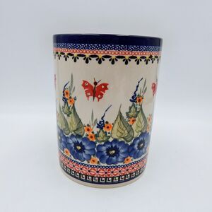 Zaklady Pottery Blue Floral Butterfly Kitchen Countertop Utensil Holder Crock 7"